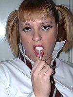 Mature schoolgirl shows off her panties