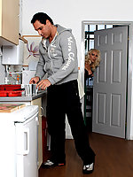 Hot MILF in stockings and high heels gives her house guest a real treat with her mouth